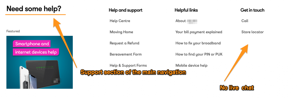 Exemplo de um site que não mostra a opção de atendimento ao cliente por chat ao vivo na navegação.