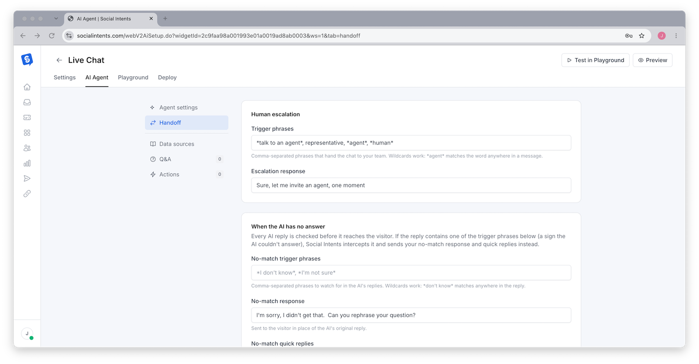 Handoff settings in the AI Agent tab showing escalation options