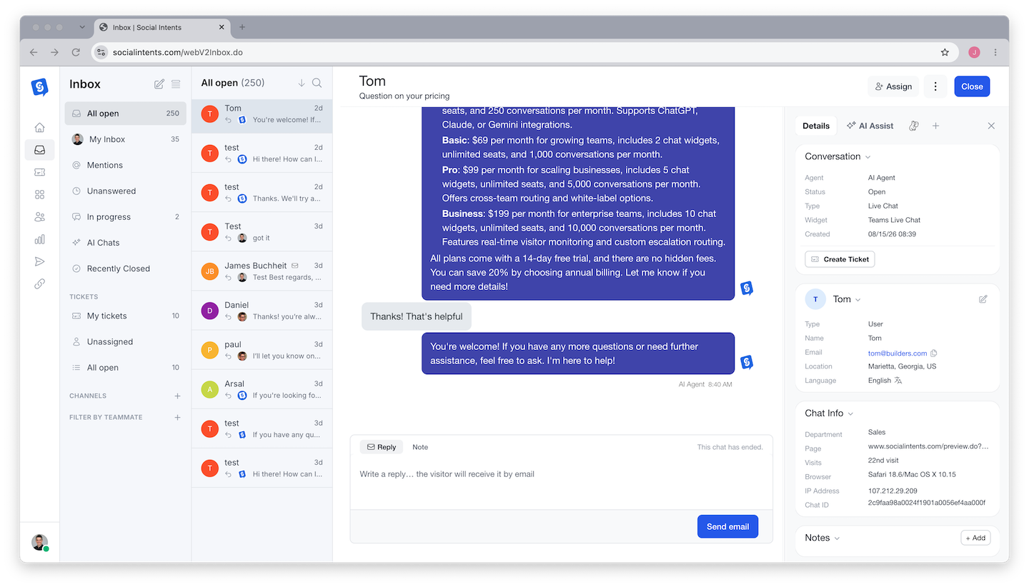 Inbox showing the views rail, conversation list, and open conversation detail