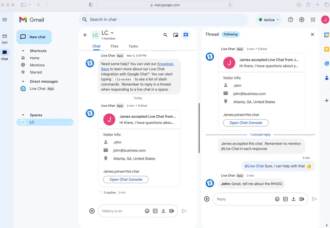 Integração do chat ao vivo do Google mostrando o visitante do site conversando com a equipe de suporte através do Google Chat