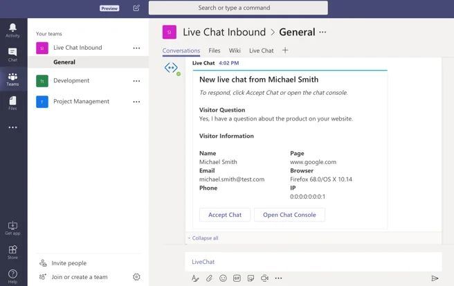 Bate-papo ao vivo do Microsoft Teams - Converse com os visitantes do site diretamente do Teams