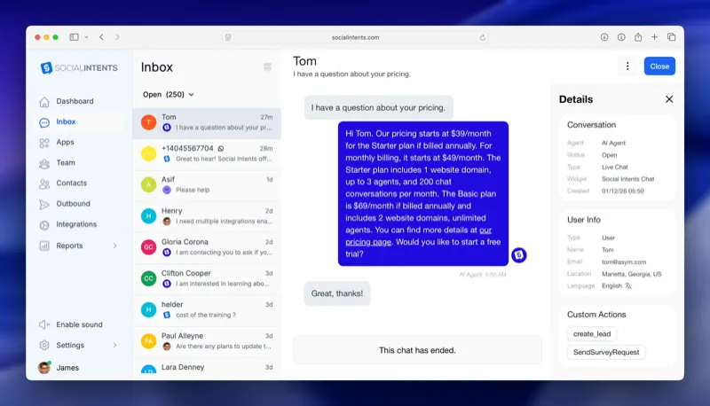 Painel do Social Intents mostrando conversas ao vivo no chat