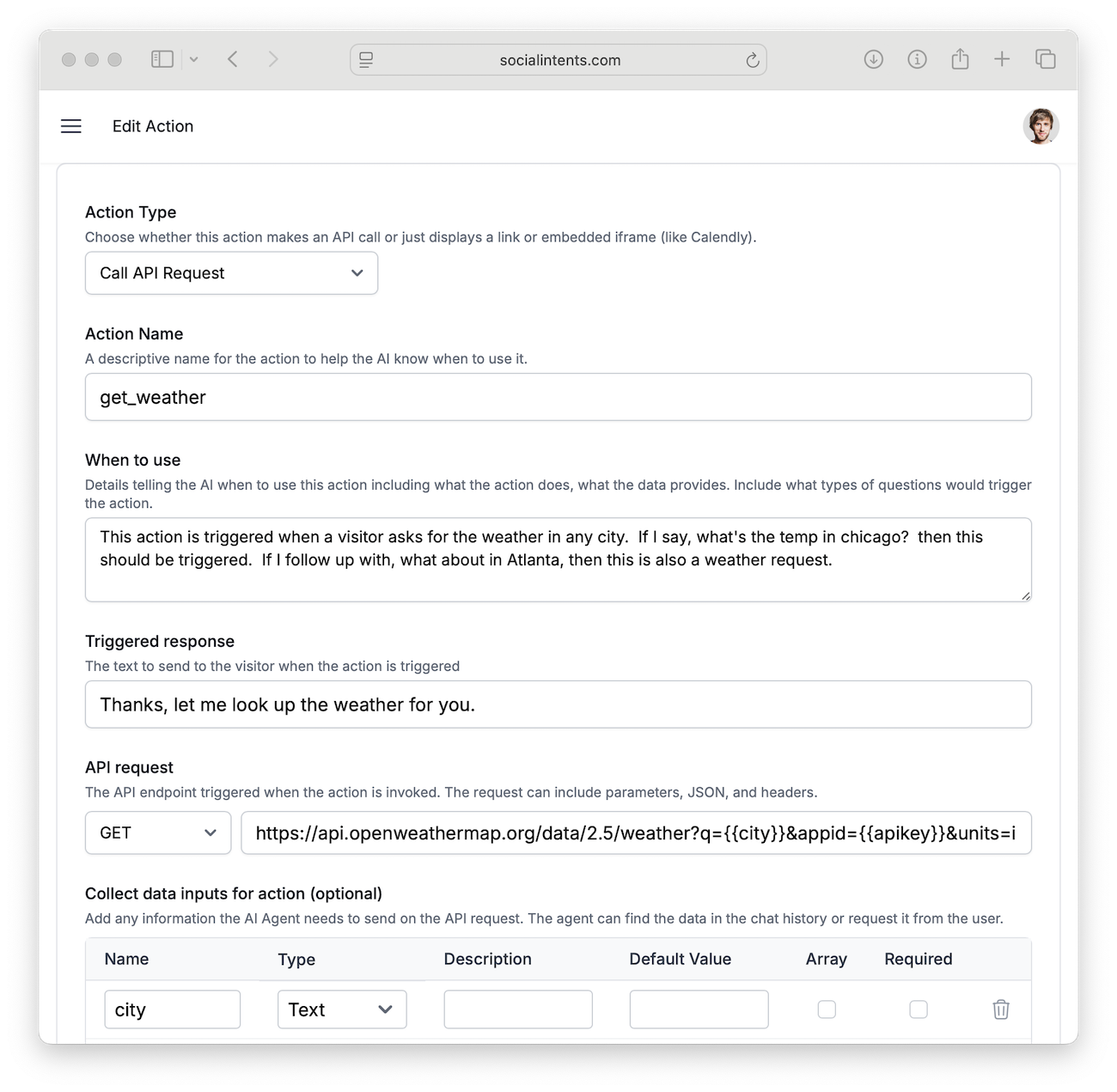 Solicitação de API de ação personalizada de IA