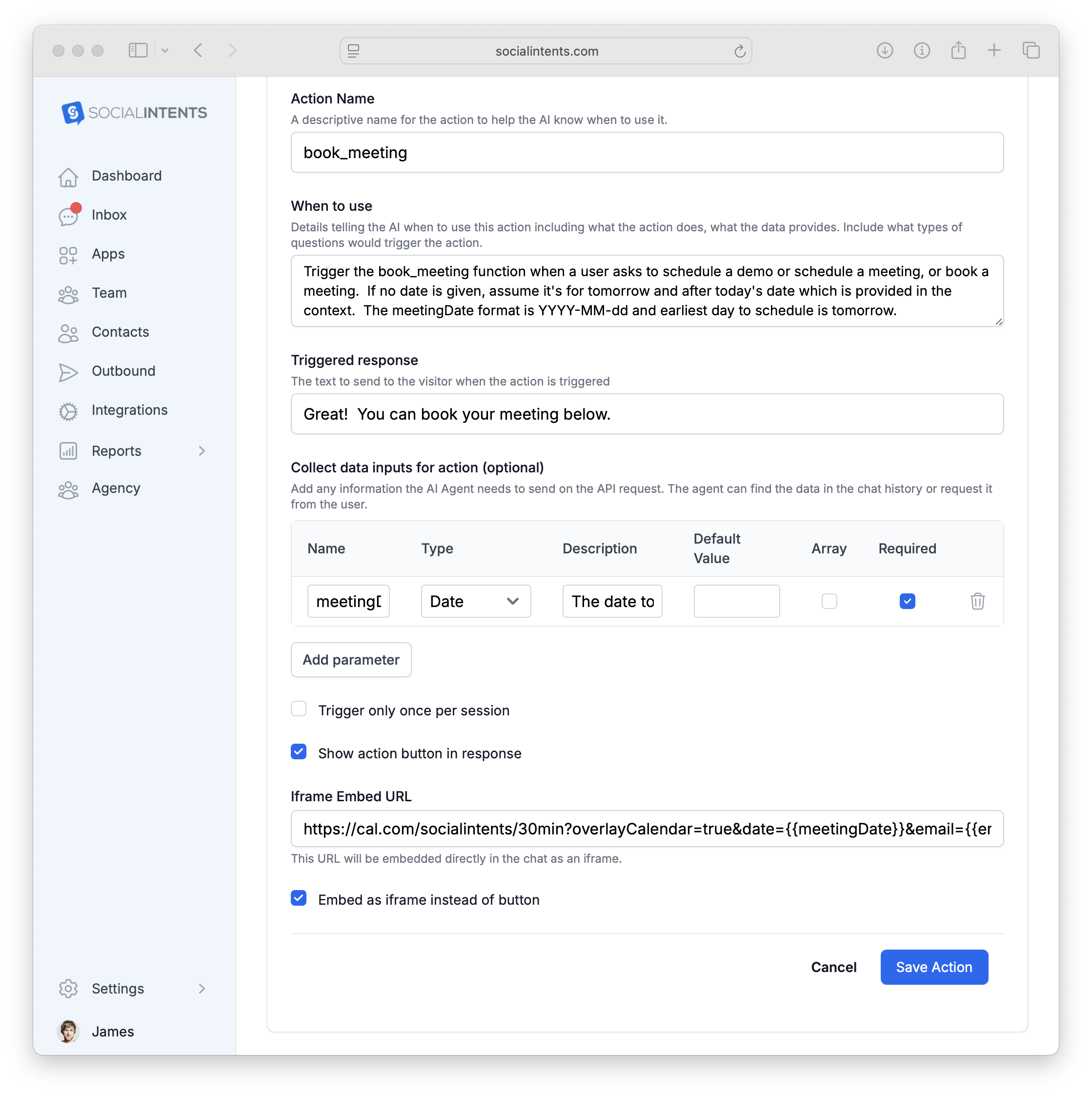 Configuração de ações personalizadas da Cal.com