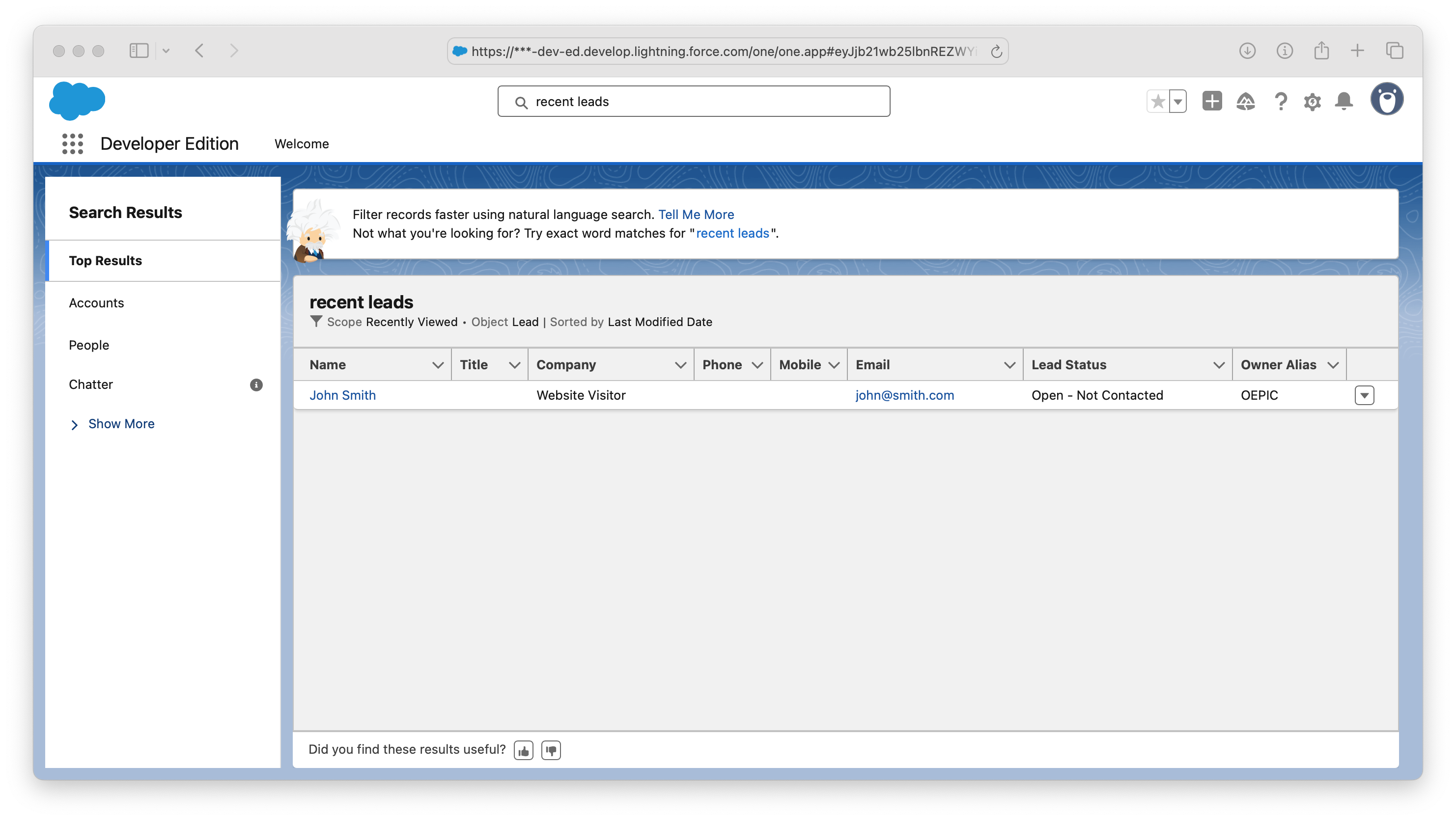 Configuração de ação personalizada do Salesforce Lead