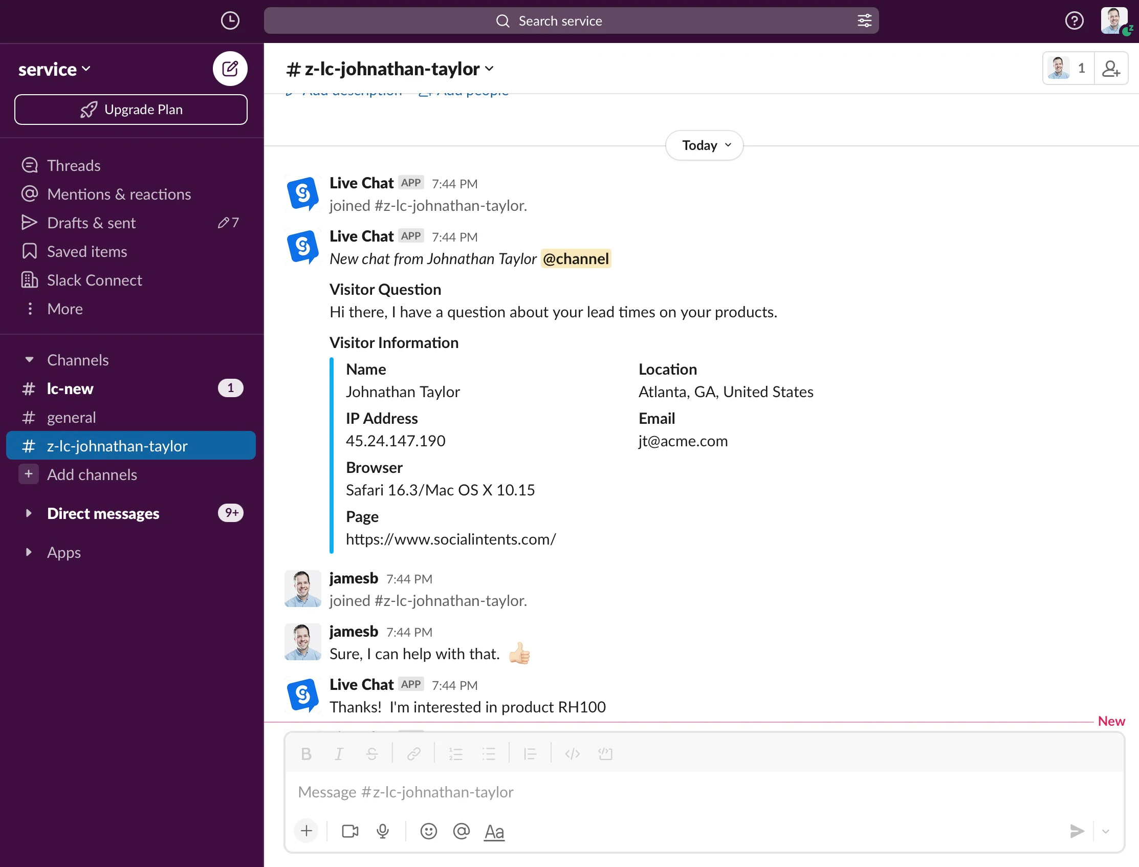 Bate-papo ao vivo para Slack