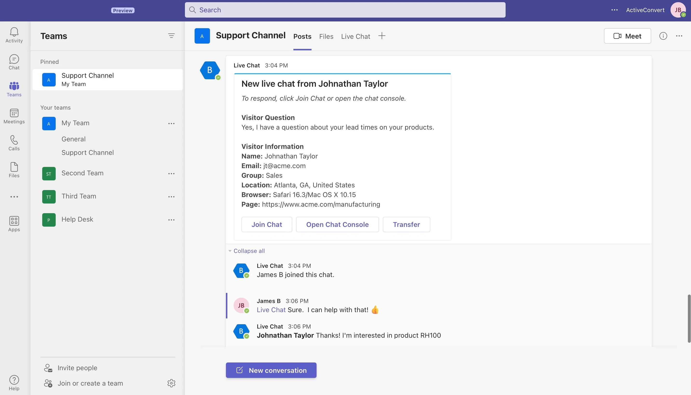 Captura de tela do Microsoft Teams Live Chat